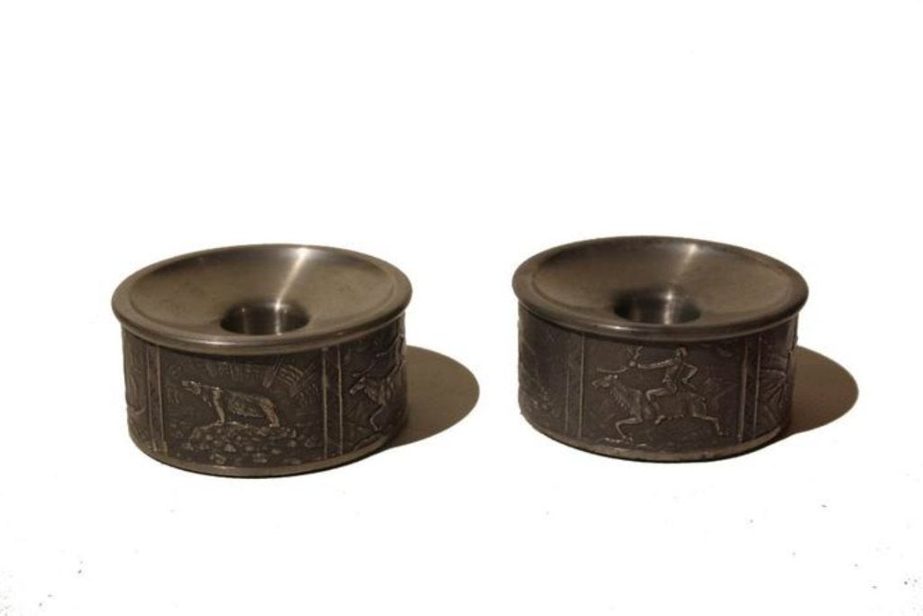 2 Scandinavische kandelaars -Tin - Pewter Norway - Noorwegen, Gebruikt, Ophalen of Verzenden, Metaal, Grijs