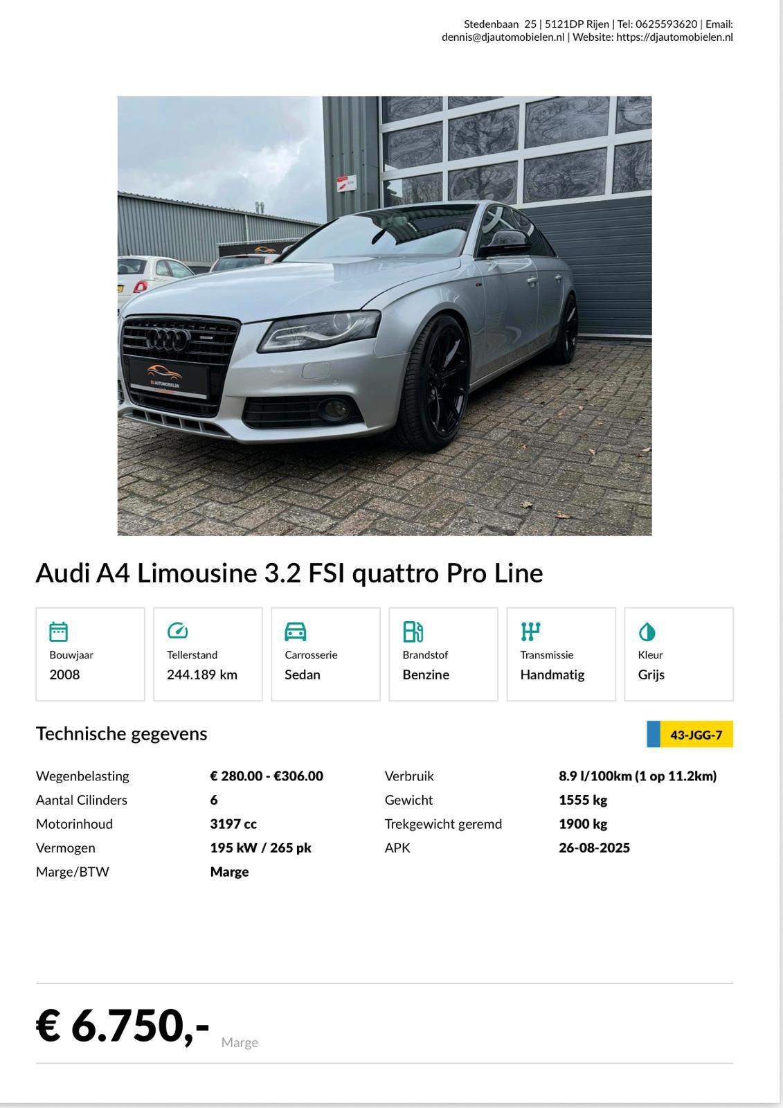 Audi A4 3.2 FSI Quattro handgeschakeld, Auto's, Standkachel, A4, 11 km/l, Bedrijf
