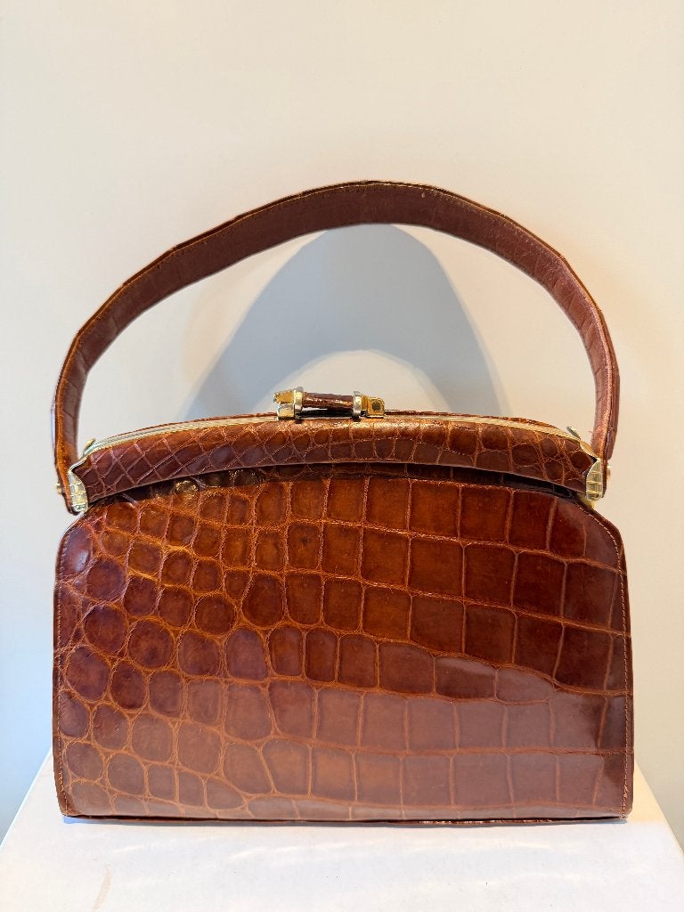 Kelly-style, exotisch leer, goudkleurige hardware, geen merk, Ophalen of Verzenden, Gebruikt, Bruin, Handtas