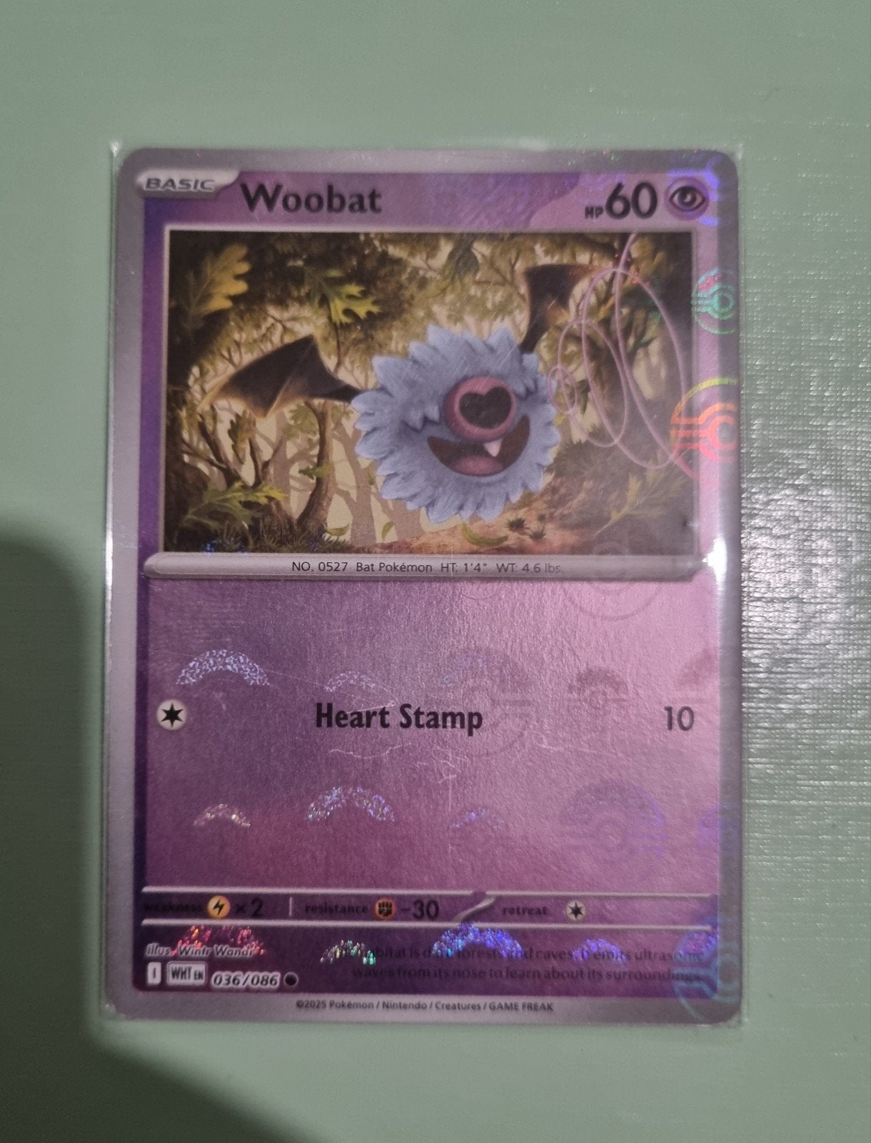 Woobat 036/086 White Flare- pokeball stamp (NEAR MINT), Ophalen, Zo goed als nieuw, Losse kaart