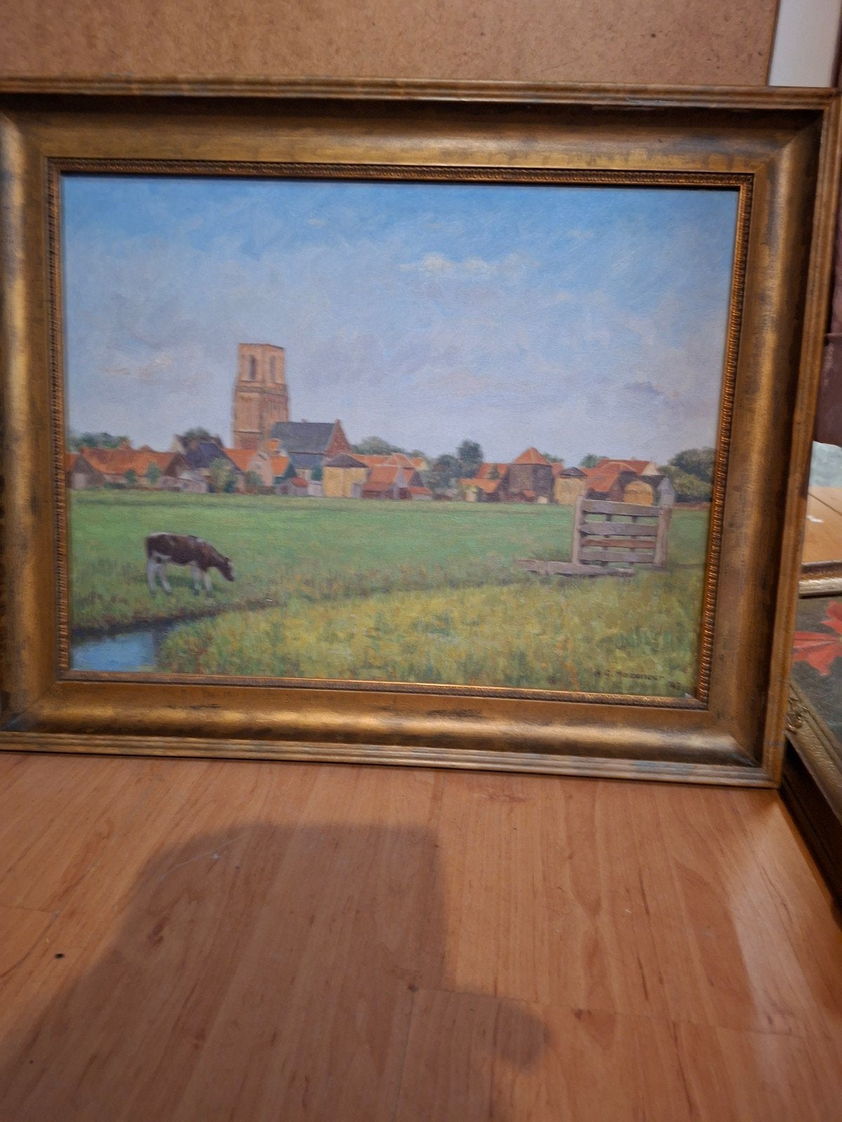 Schilderij A.G. Mazeneer '43 - Dorpsgezicht met koe, Doek, Realistisch, Gedateerd, Ophalen of Verzenden