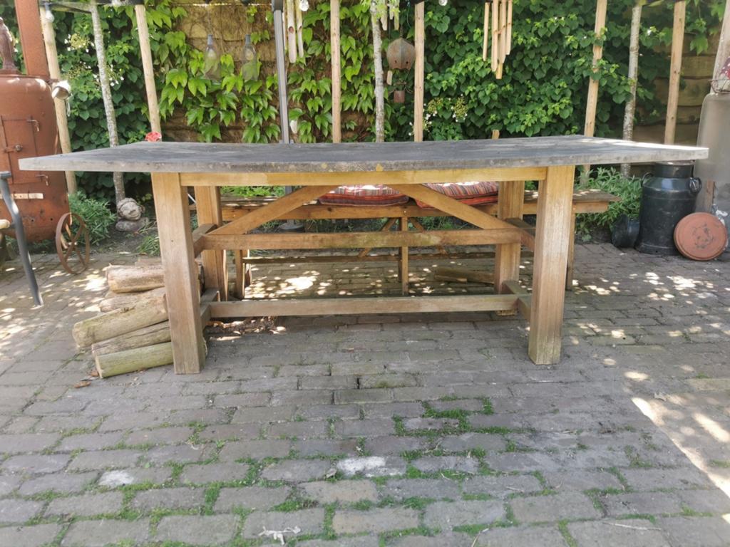 Robuuste houten tuintafel met stenen blad, Tuin en Terras, Tuintafels, Gebruikt, Rechthoekig, Hout, Ophalen