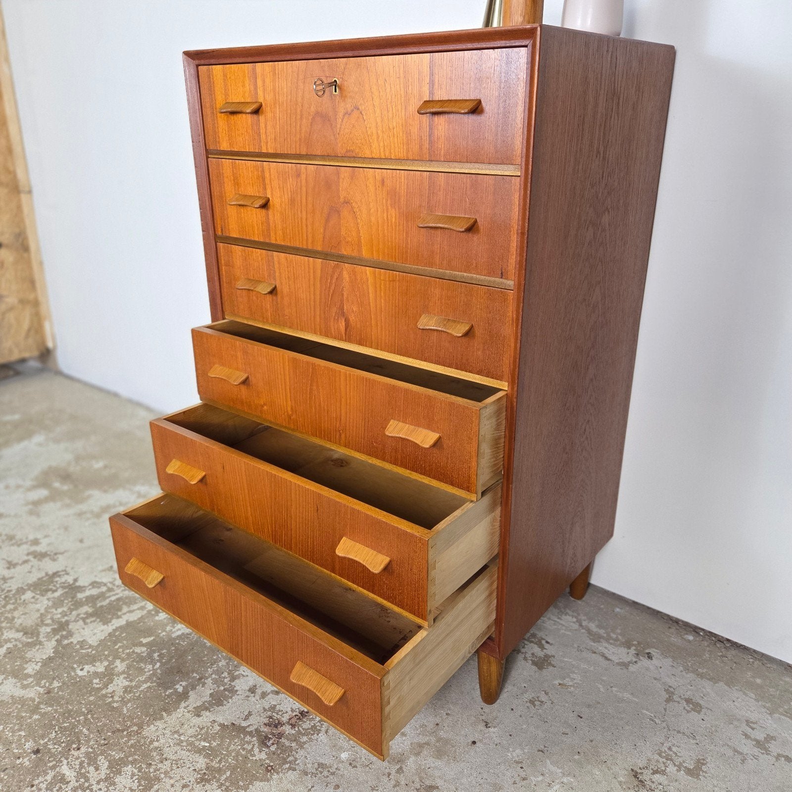 Vintage Deense ladekast, teak 6 lades jaren 60 Scandinavisch, Ophalen, Gebruikt, 5 laden of meer, 50 tot 100 cm