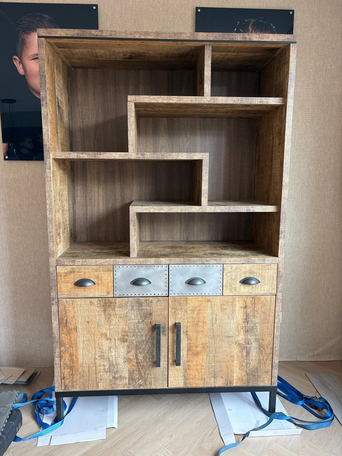 Stoere Mango Houten Kast met Industriële Details, Ophalen, Gebruikt, 100 tot 150 cm, Met lade(s)