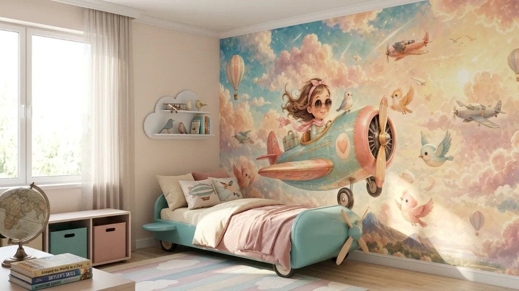 Fotobehang kinderkamer – meisje in vliegtuig op maat, Overige patronen, Overige merken, Ophalen of Verzenden, Blauw