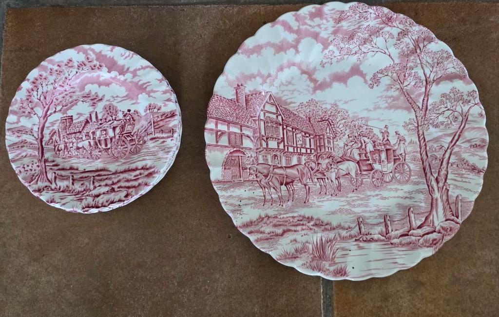 Gebaksbord en 6 x gebak bordjes van  met landschap en koets, Ophalen of Verzenden, Overige stijlen, Bord(en)