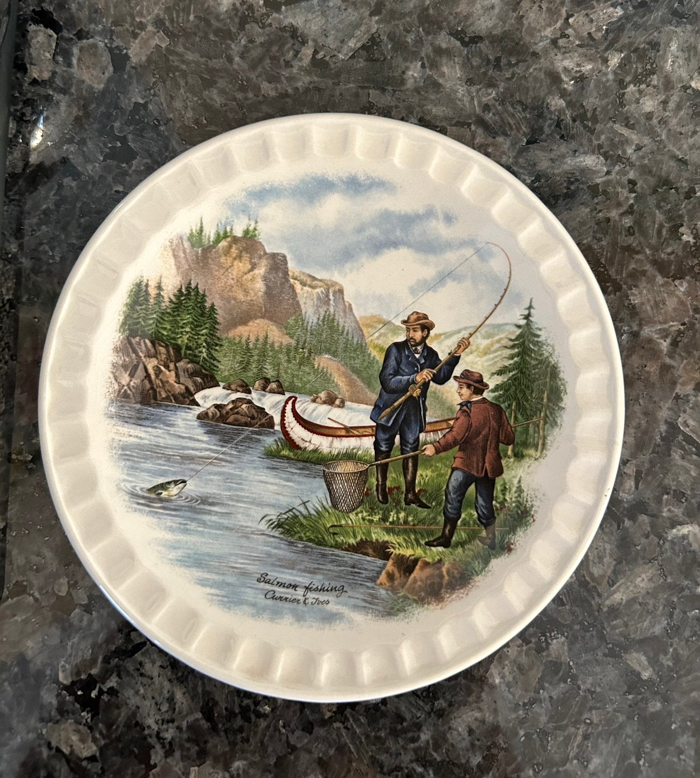 Vintage bordje Royal Falcon Ware (1973) Salmon Fishing, Ophalen of Verzenden