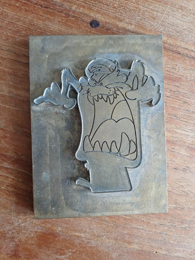 Vintage Messing Drukplaat Tasmanian Devil - 9x12 cm, Ophalen of Verzenden, Brons