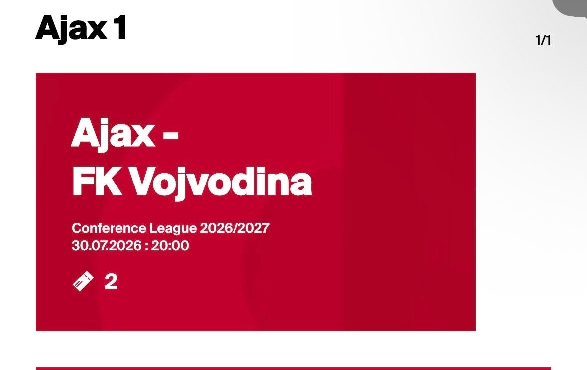 Ajax- Vojvodina tickets naast elkaar vak 024, Losse kaart, Twee personen, Juli, Europa of Champions League