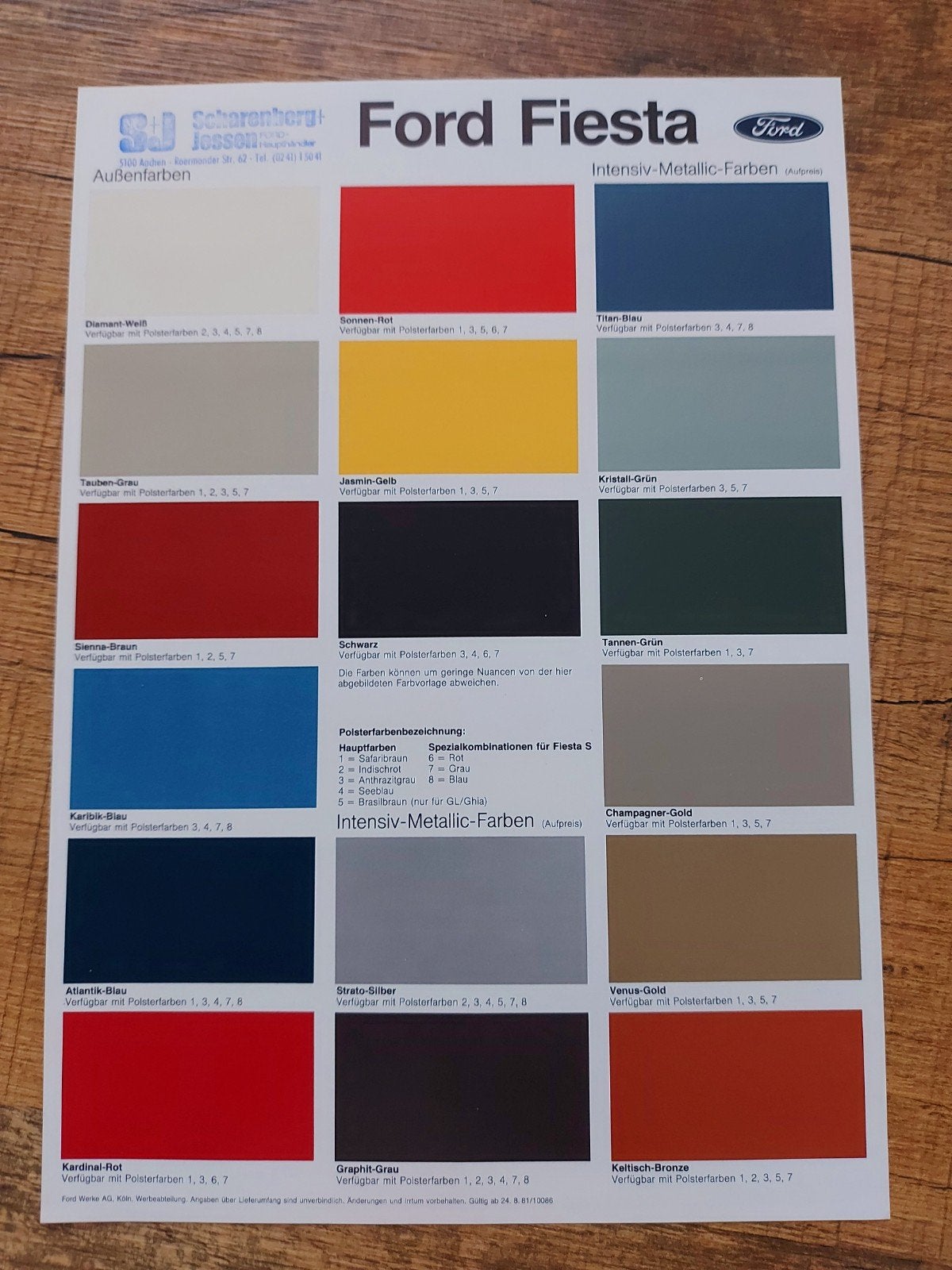 1981 Ford Fiesta kleur & bekleding folder sheet Duitstalig, Ophalen of Verzenden, Zo goed als nieuw, Ford