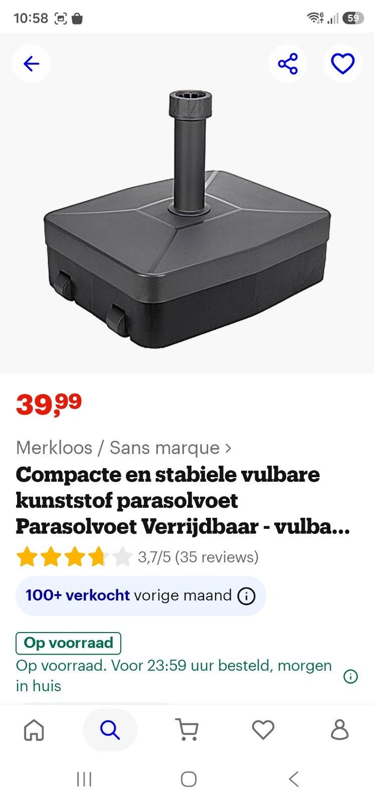 Compacte en stabiele vulbare kunststof parasolvoet, Ophalen