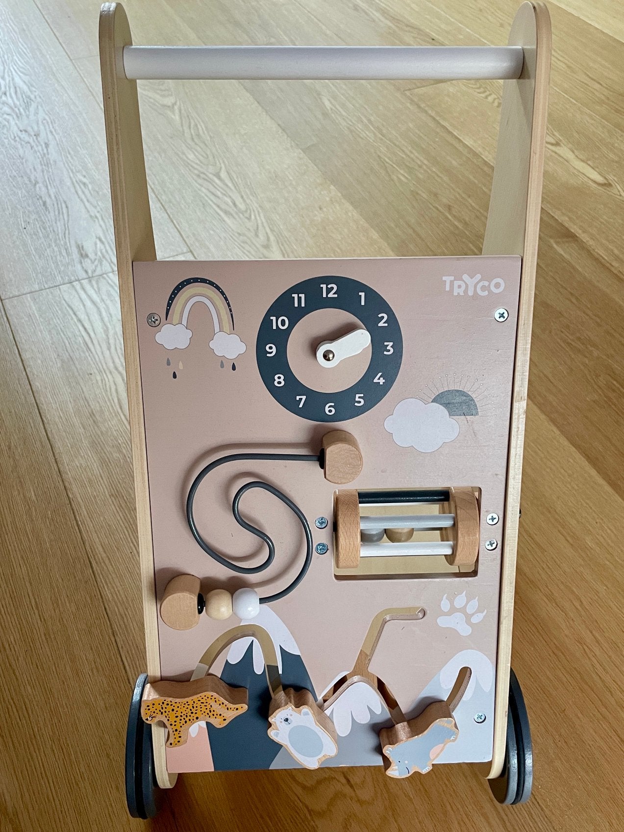 Tryco houten loopwagen/activity board, Ophalen, Zo goed als nieuw, Duw- of Trekspeelgoed