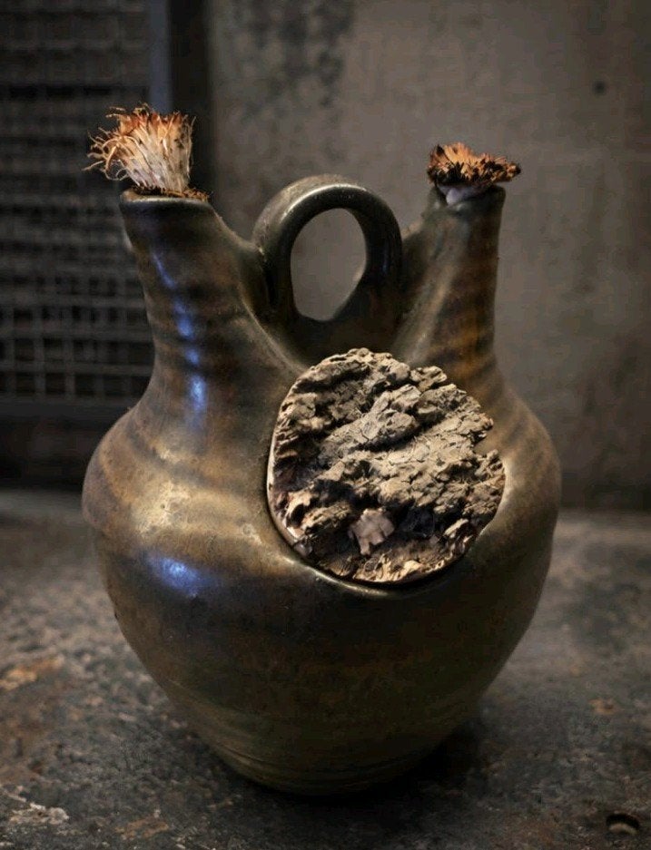 Prachtige olielamp van kunstenaar/keramist Jan de Graaf uit, Gebruikt, Steen/keramiek, Handgemaakt, Bruin