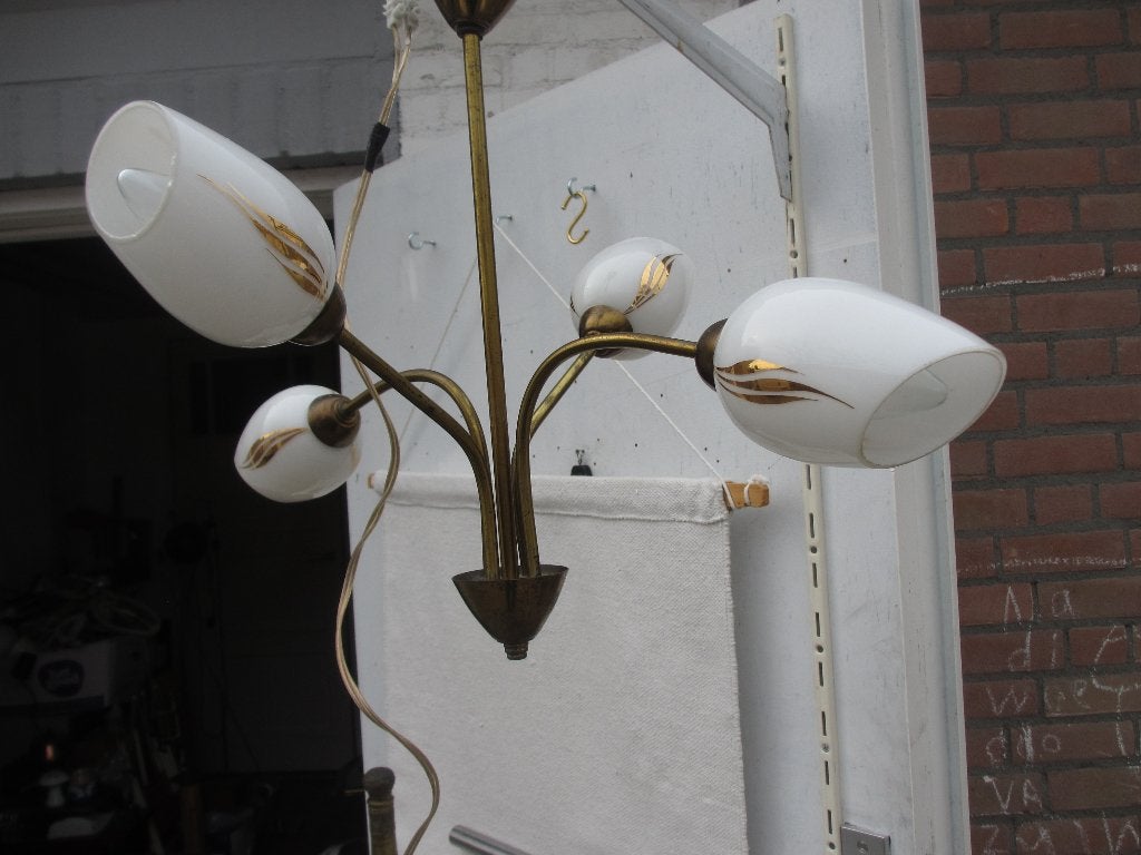 Vintage hanglamp / kroonluchter met kelkjes jaren 50, Huis en Inrichting, Ophalen of Verzenden, Gebruikt, Glas, E14 (klein)