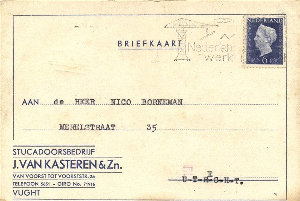 J. van Kasteren + Zn., Vught - 10.1948 - briefkaart, Ophalen of Verzenden, Briefkaart