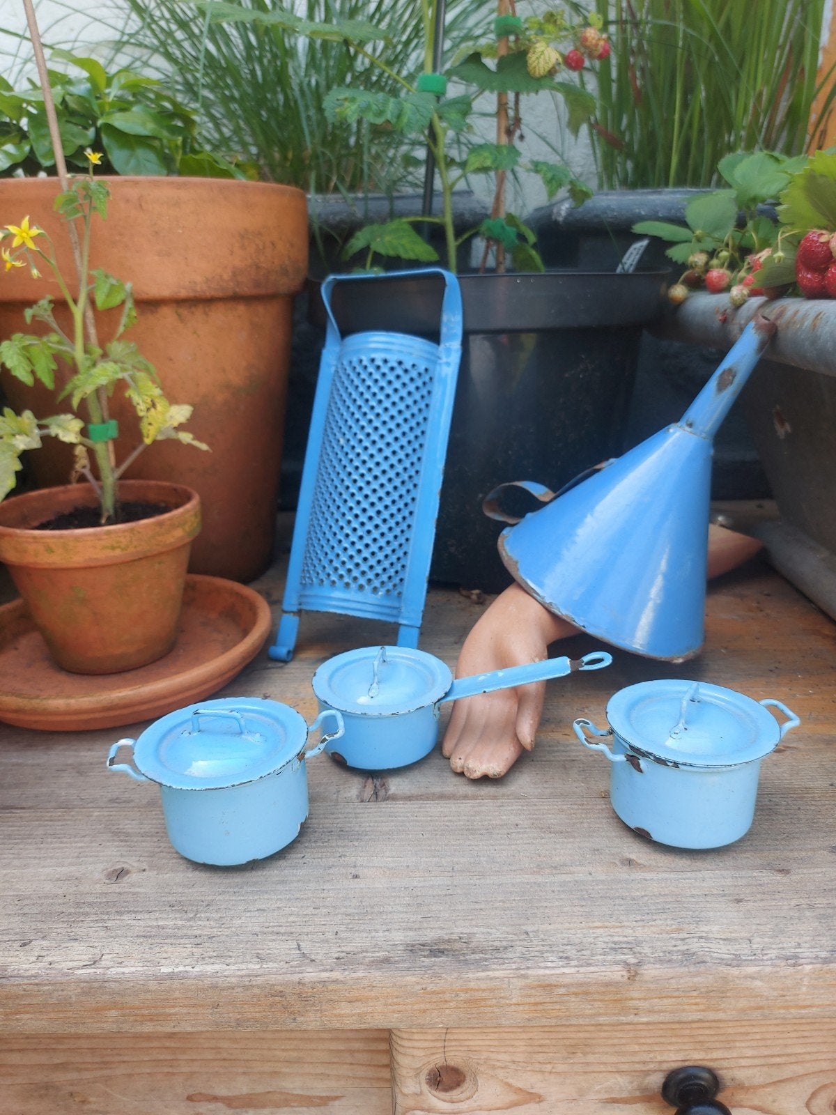 3 x oud blauw emaille poppenservies pannetje m deksels, Ophalen of Verzenden