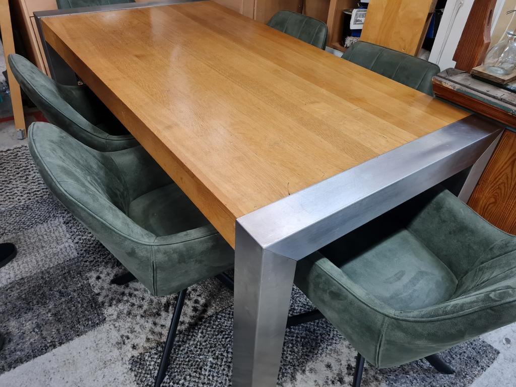 Eettafel met RVS onderstel en houten blad 90x180x78 cm, Huis en Inrichting, Tafels | Eettafels, Gebruikt, Modern, Industrieel