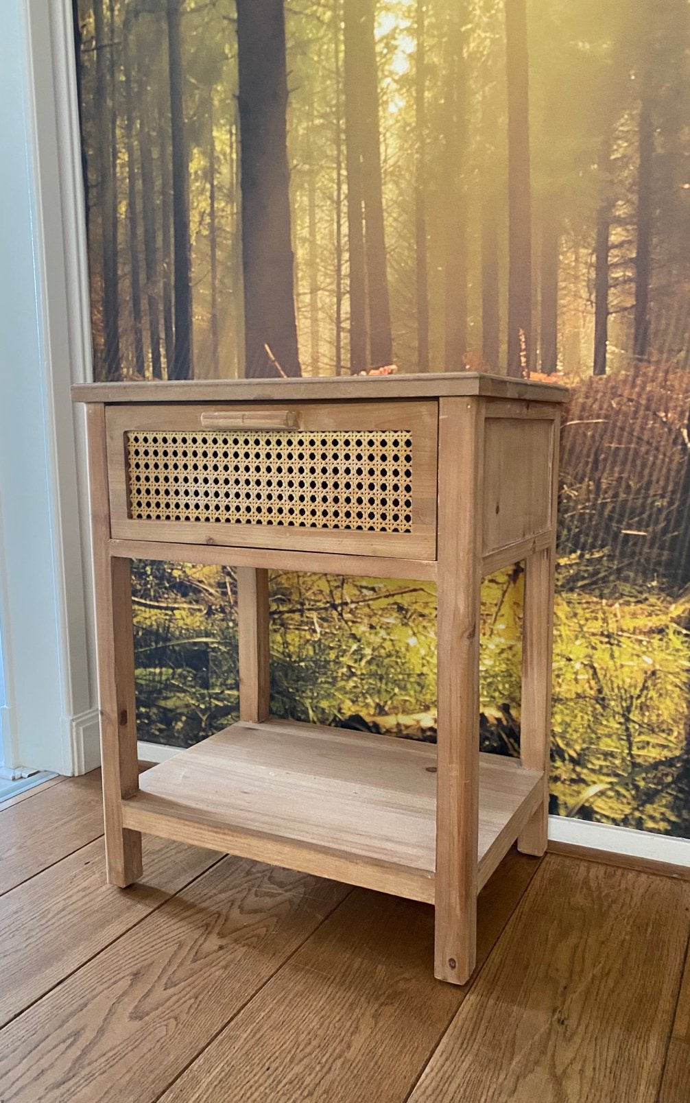 Nachtkastje Bandung met webbing lade ( 48x36x60,5), Ophalen, Zo goed als nieuw, Minder dan 45 cm, 70 cm of meer