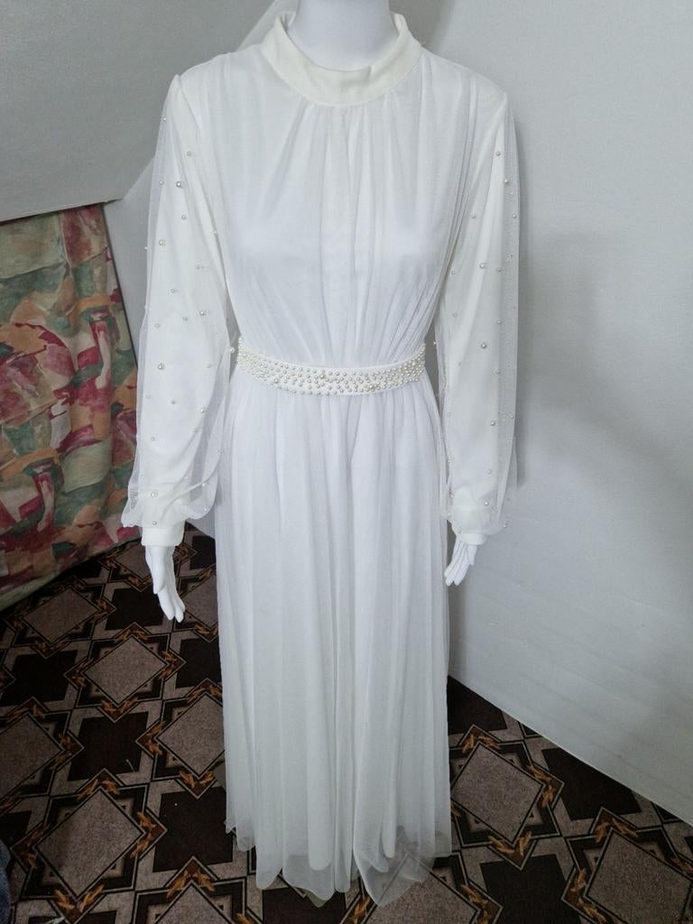 Elegante Witte/Ecru Maxi-jurk met Parels - Maat 44, Ophalen of Verzenden