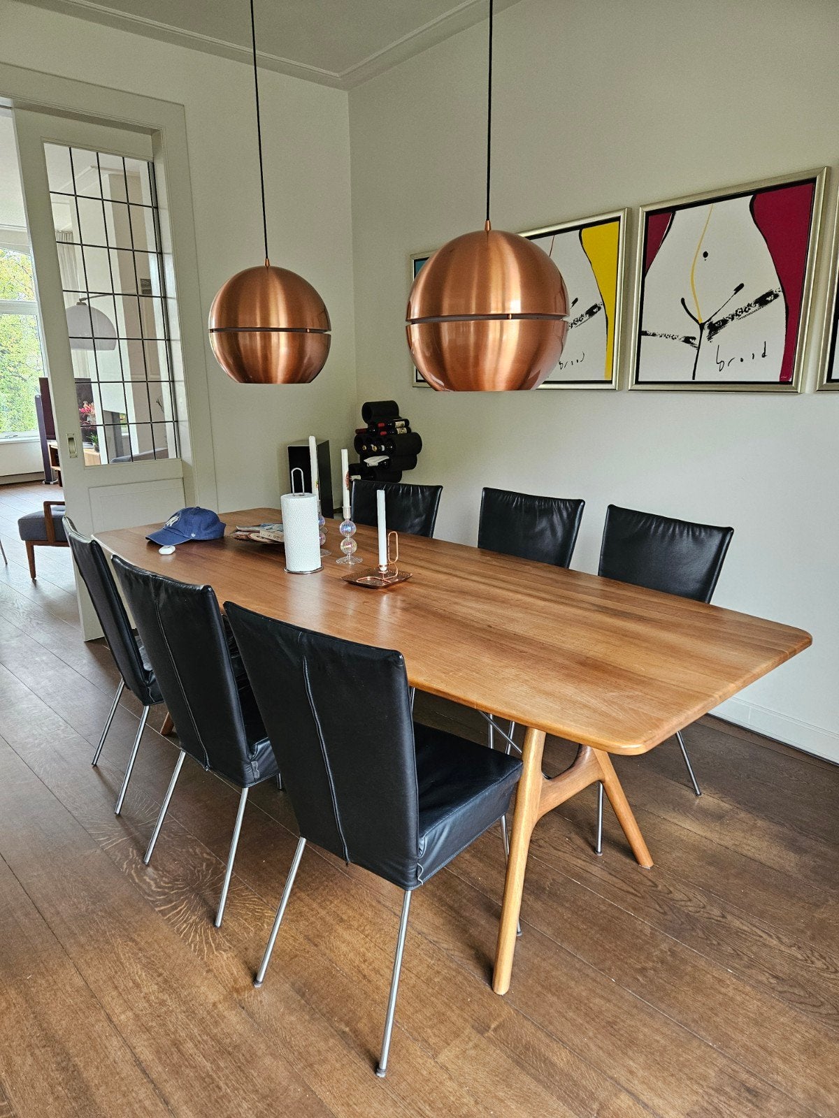 6 eetkamerstoelen Label Orea - Gerard v d Berg - Zwart leer, Ophalen, Gebruikt, Zwart, Vijf, Zes of meer stoelen