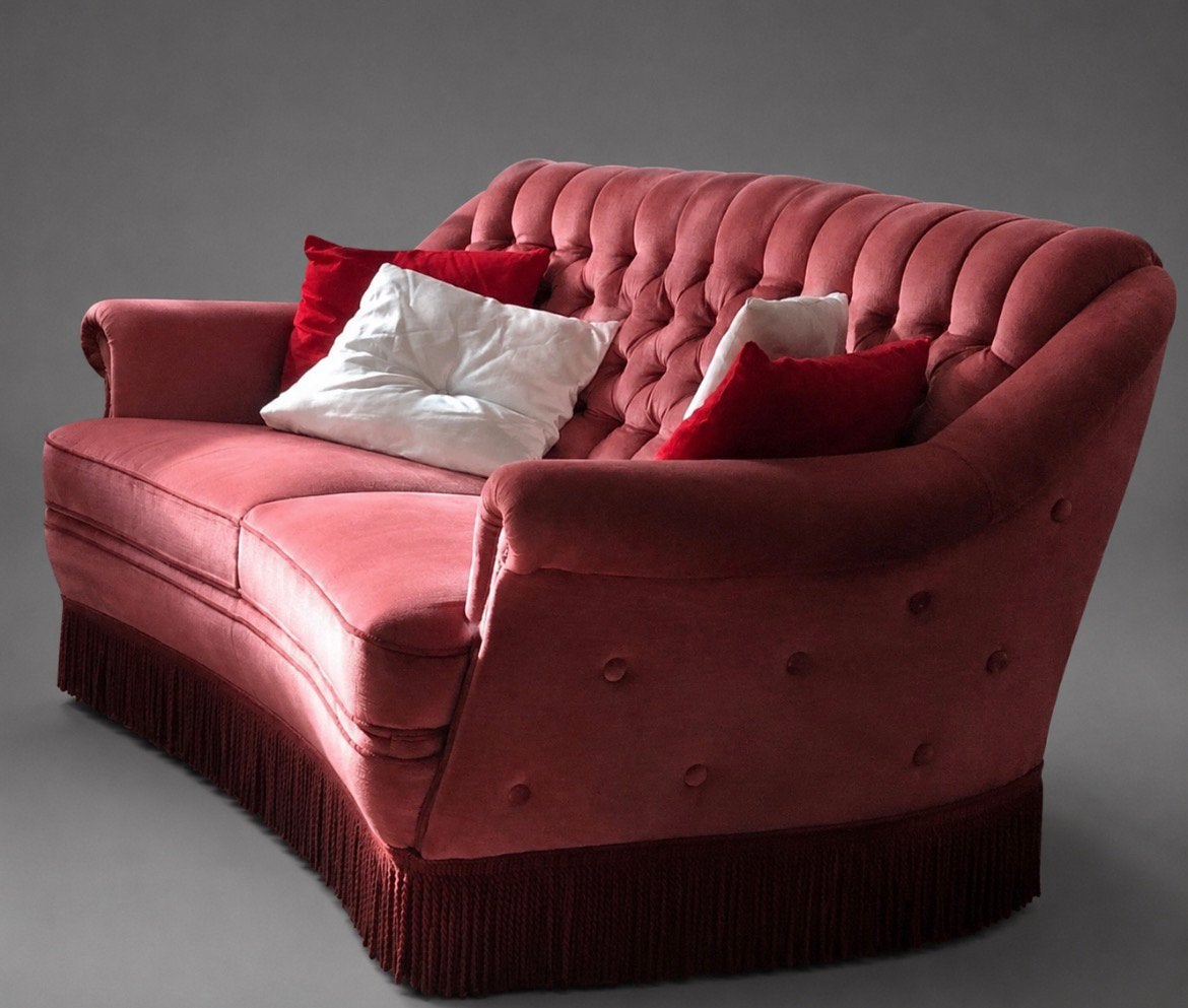 Vintage ROze bank franjes velours fateuil queen ann pink, Ophalen