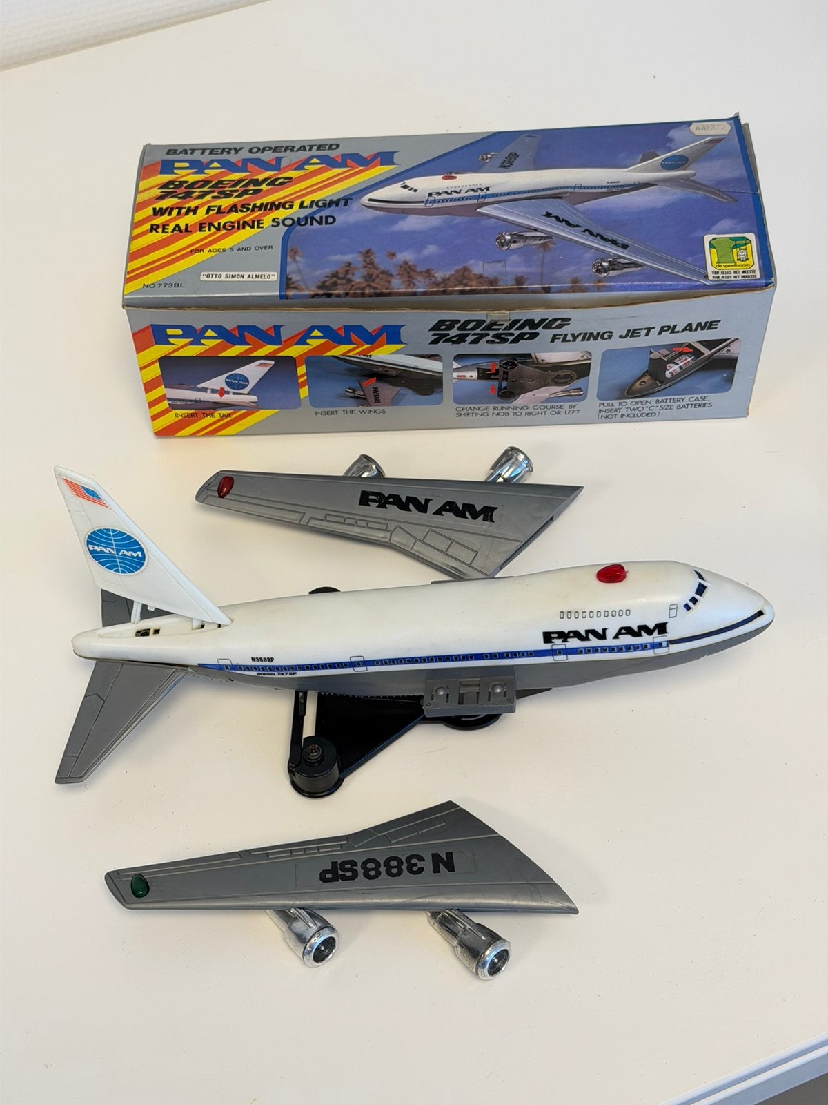 Vintage Pan Am Boeing 747SP speelgoedvliegtuig werkend 1980, Hobby en Vrije tijd, Overige merken, P, P, P