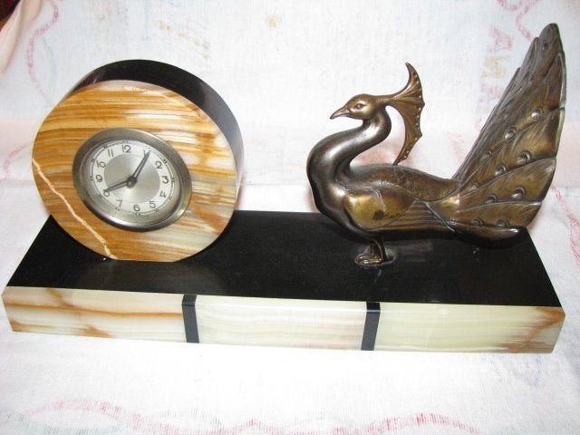 ART DECO PENDULE OP MARMEREN VOETPLAAT, Antiek en Kunst, Ophalen