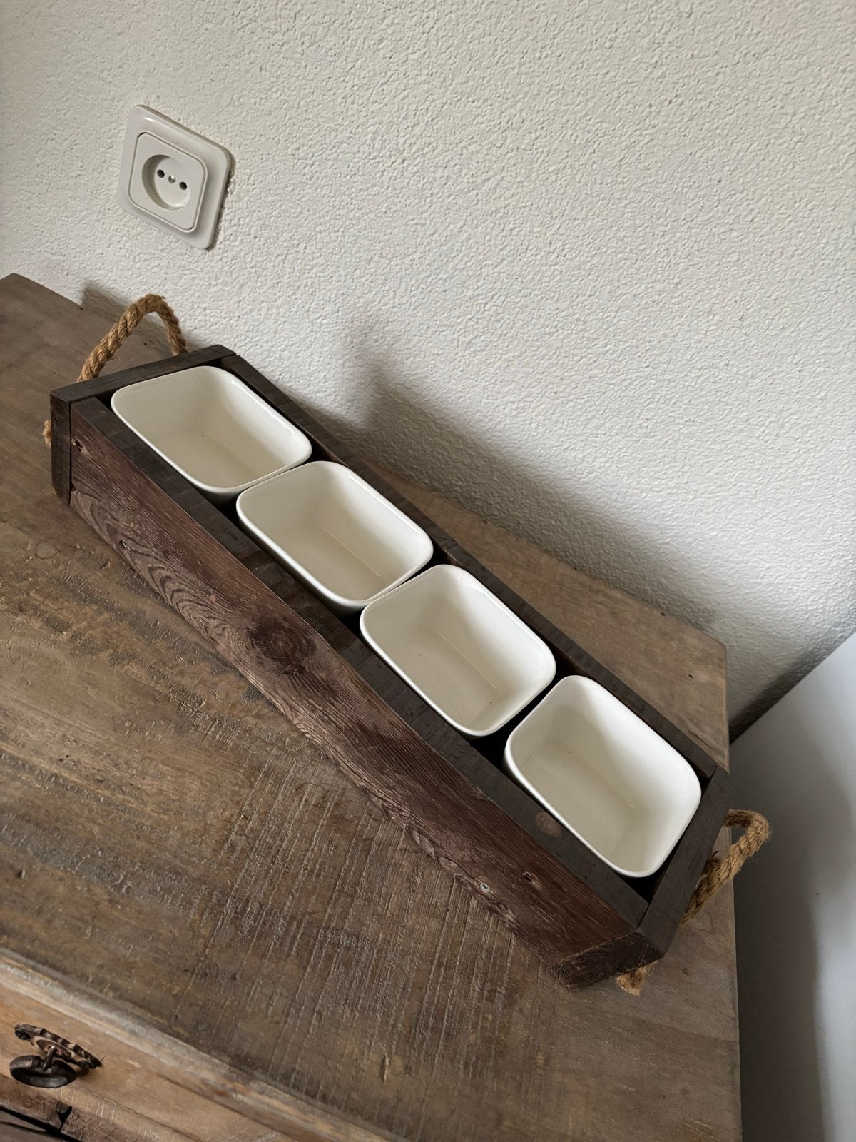 Tapas schaaltjes in houten dienblad, Gebruikt, Ophalen of Verzenden, Dienblad, Rechthoekig