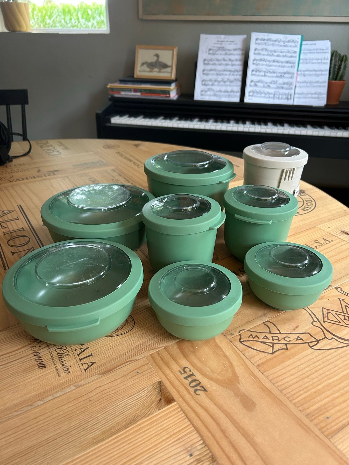 Amuse voorraadpotten, bewaardozen set - Groen en beige, Gebruikt, Kunststof, Ophalen of Verzenden, Voorraadpot