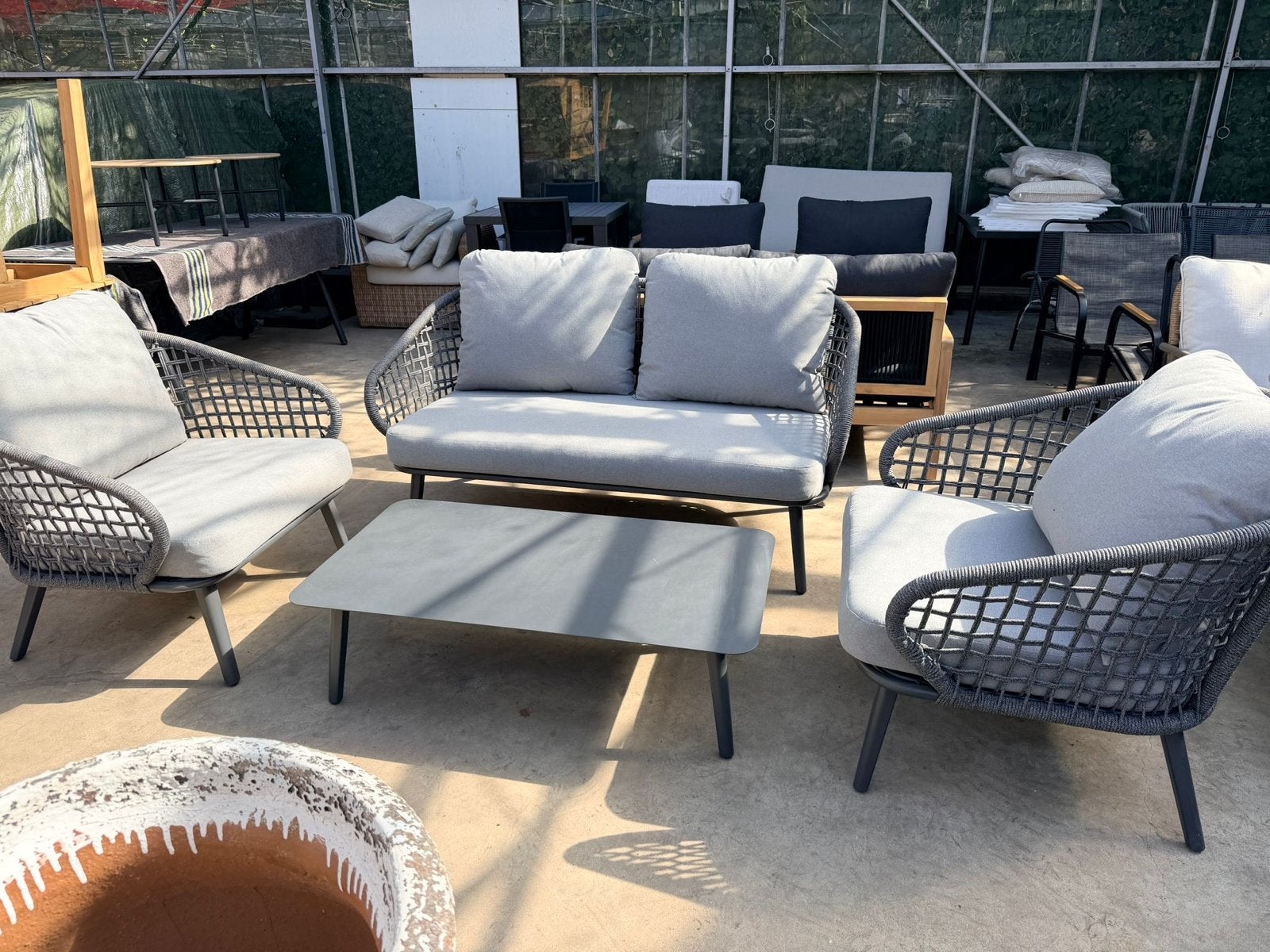 Moderne aluminium loungeset met 2 stoelen en bank, Tuin en Terras, Ophalen, 4 zitplaatsen, Loungeset, Nvt