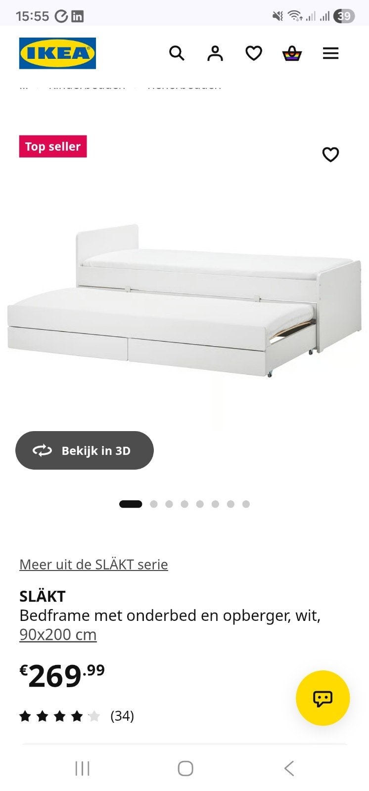 IKEA SLAKT Bedframe met onderbed en opberger, wit, 90x200 cm, Huis en Inrichting, Ophalen, Gebruikt, 90 cm, Eenpersoons