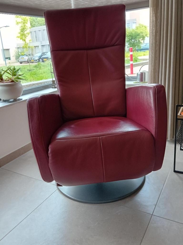 Bordeauxrode lederen relax fauteuil, Huis en Inrichting, Fauteuils, Ophalen, Gebruikt, Minder dan 75 cm, Leer