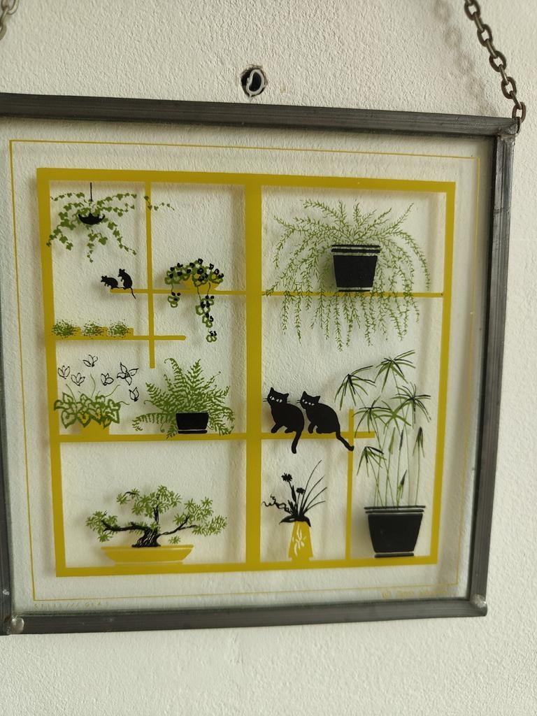 Vintage glas in lood Coos Storm raam hanger poezen geel, Ophalen of Verzenden