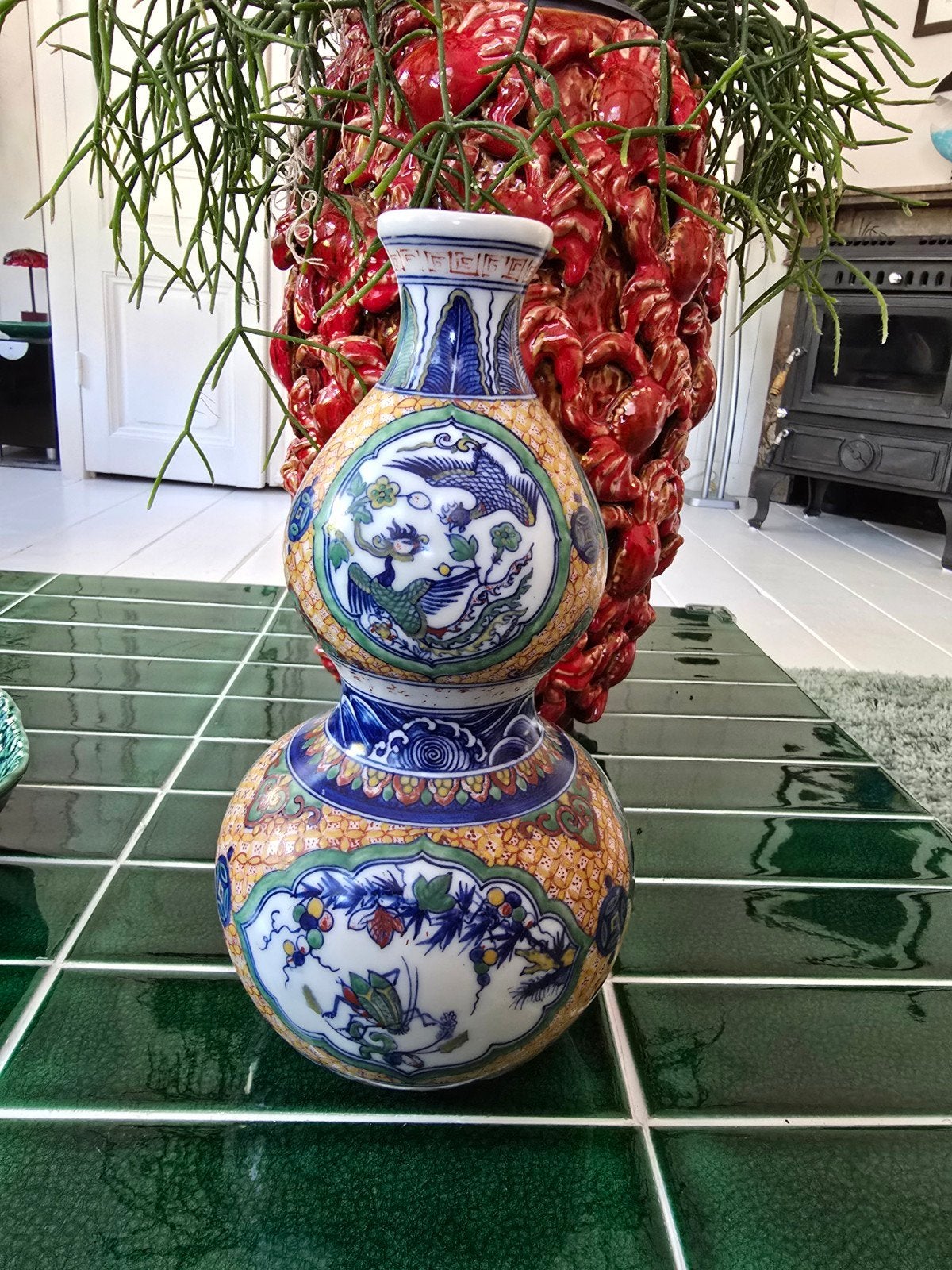 Antieke Chinese dubbele kalebas vaas, handgeschilderd, Ophalen of Verzenden