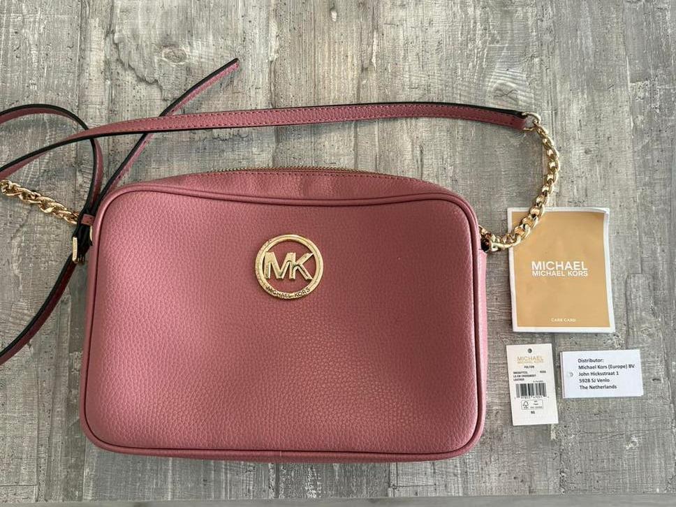 Michael Kors schoudertas Fulton crossbody rose leer, Ophalen of Verzenden, Zo goed als nieuw, Roze, Schoudertasje