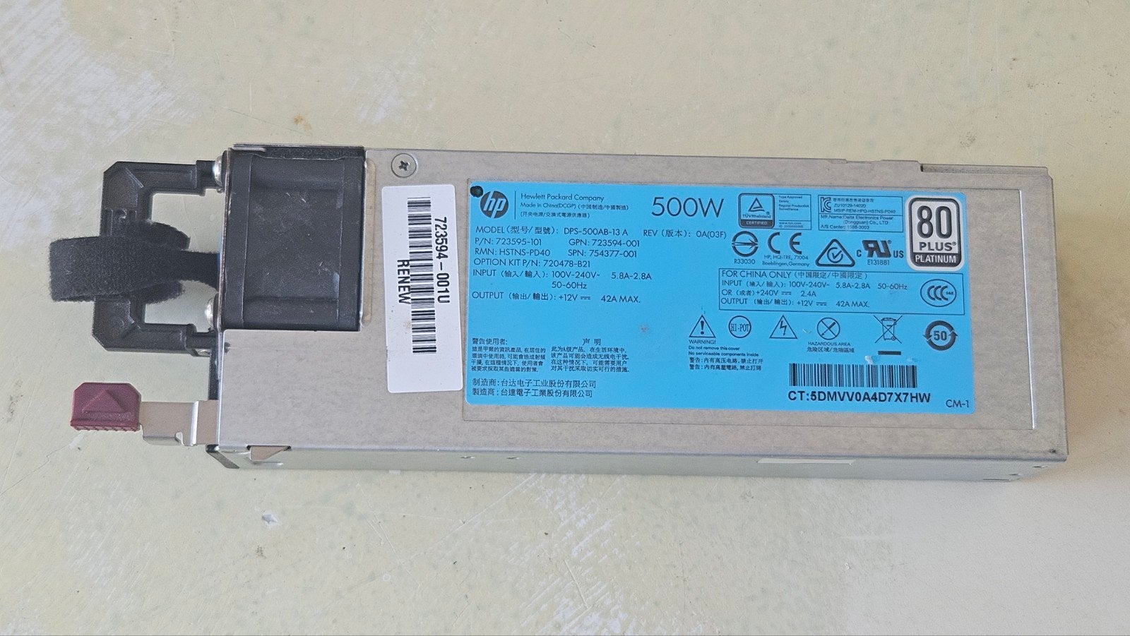 HPE PSU 500W Voeding - PN 723595-101, Computers en Software, Ophalen of Verzenden, Gebruikt