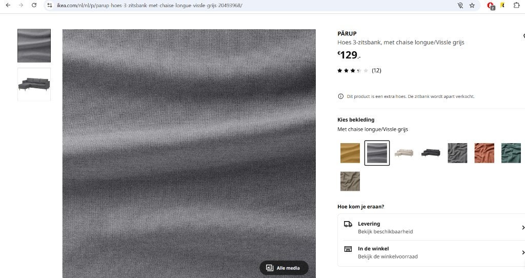 Ikea PÄRUP Hoes 3-zitsbank, met chaise longue/Vissle grijs., Ophalen, Nieuw