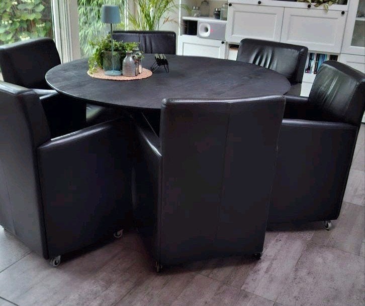 6 leren eetkamerstoelen met wieltjes (zonder tafel), Ophalen, Gebruikt, Zwart, Leer