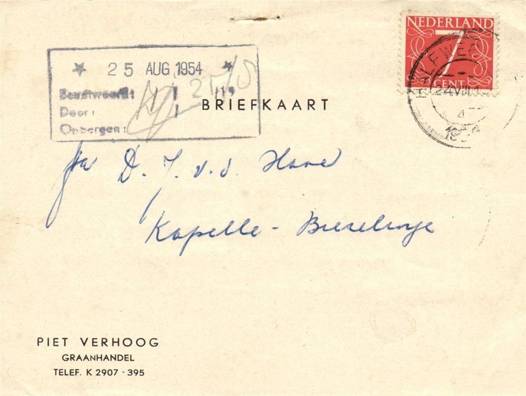 Piet Verhoog, Graanhandel, Halfweg - 08.1954 - briefkaart, Ophalen of Verzenden, Briefkaart