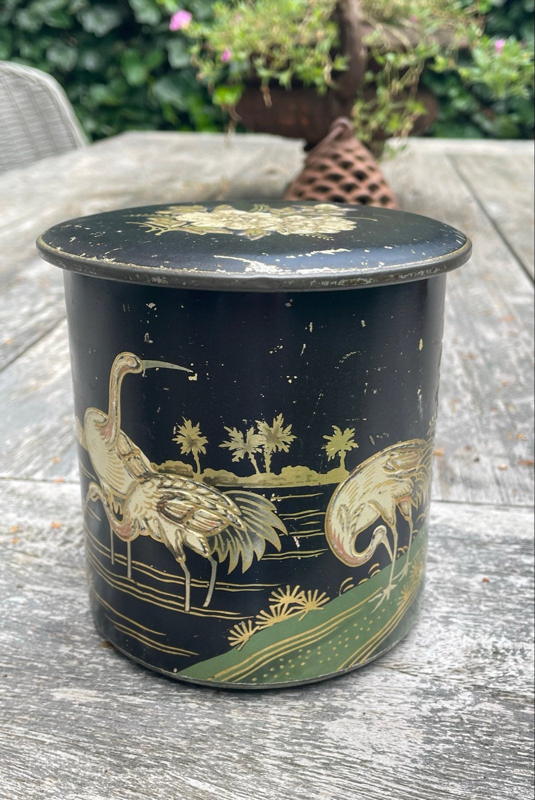 Oud blik De Gruyter met kraanvogels en bloemen, Verzamelen, Blikken, Ophalen of Verzenden, Gebruikt, Overige