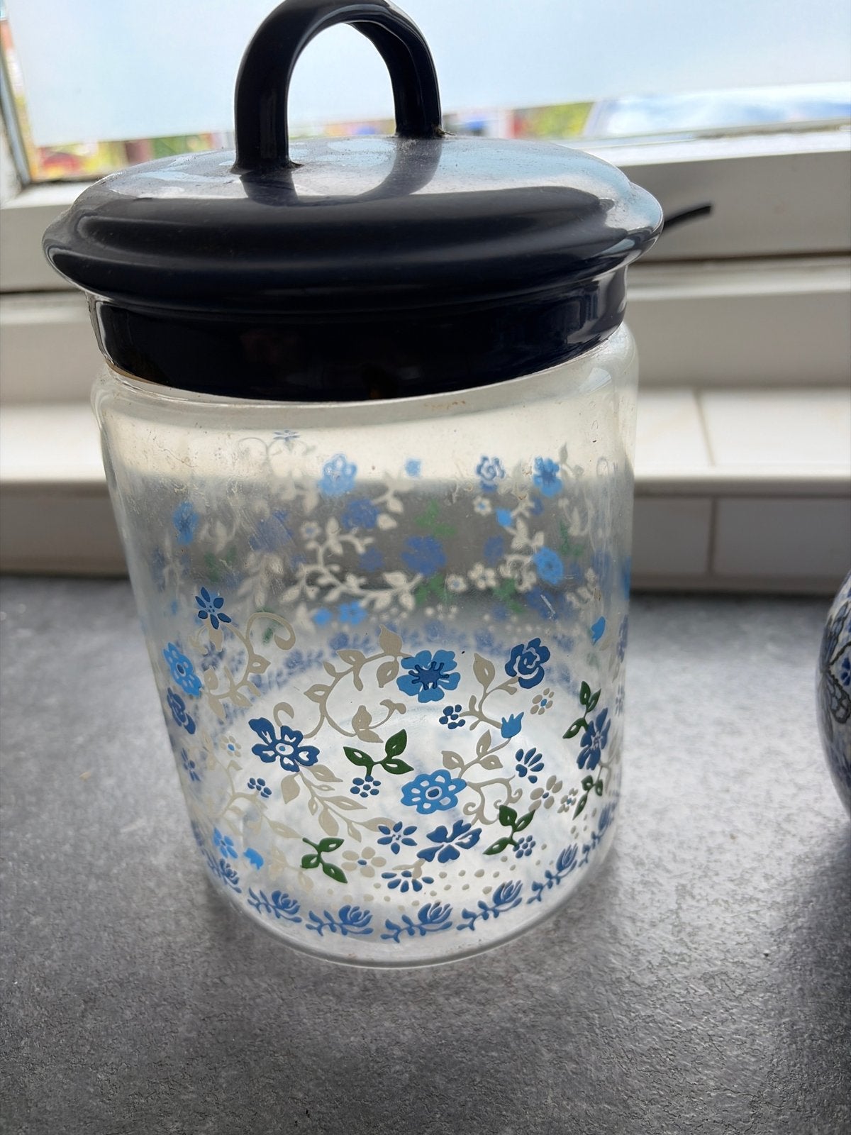 Glazen voorraadpot Bunzlau met bloemendecoratie, Ophalen of Verzenden, Voorraadpot, Meerkleurig, Overige merken
