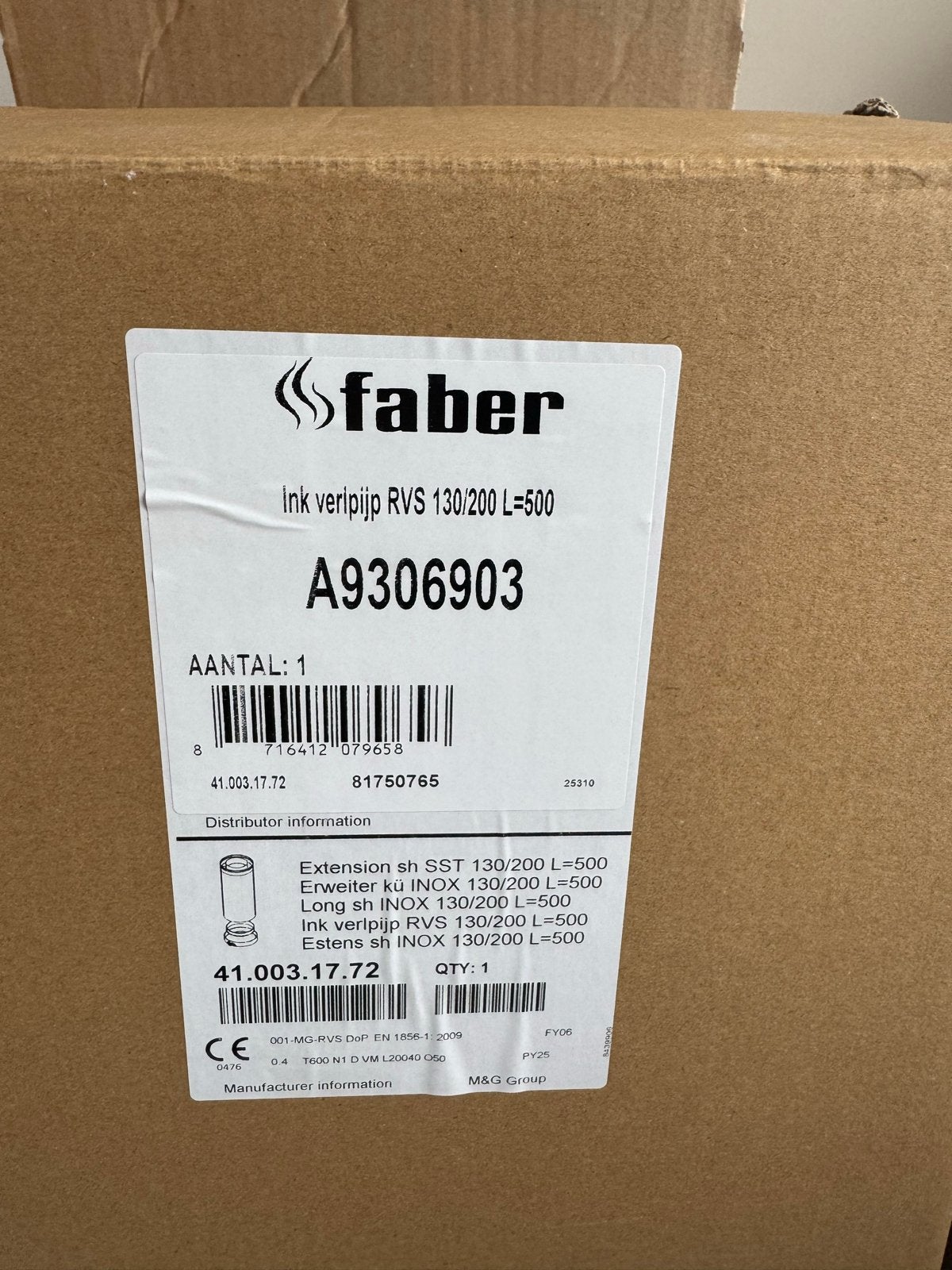 Faber afzuigkap verlengpijp RVS 130/200 L=500 en L=1000, Ophalen, Nieuw, Afzuiger