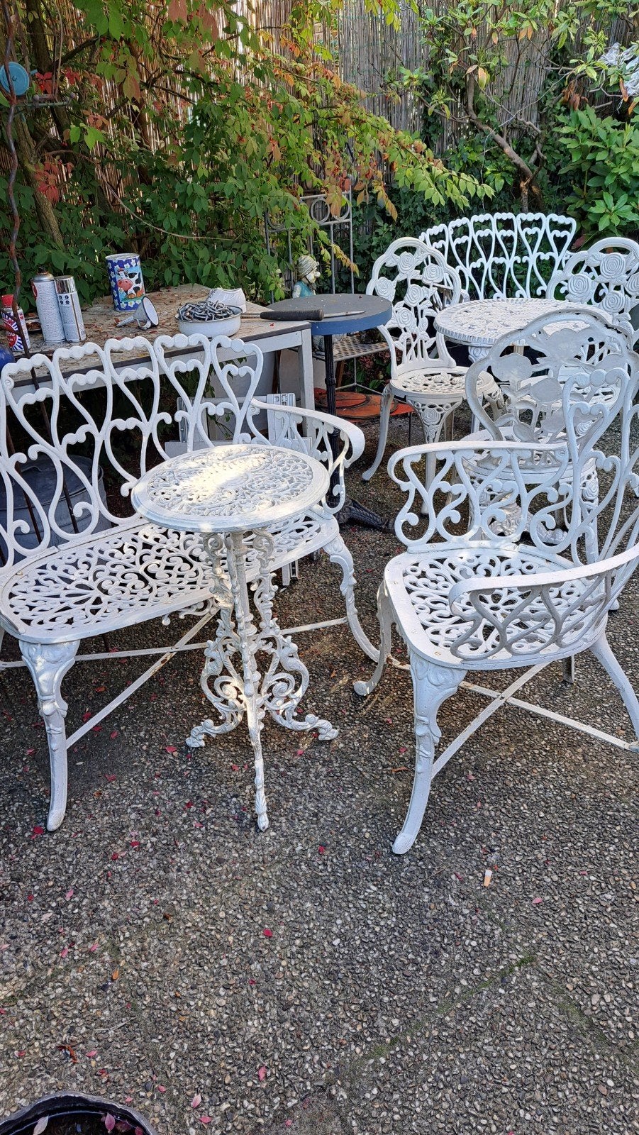 Antieke gietijzeren tuinbank en stoelen, Antiek en Kunst, Ophalen of Verzenden