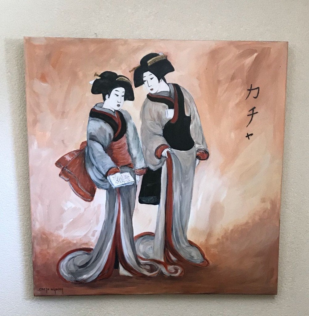 schilderij Japanse geisha's 80 x 80 cm, Ophalen, Op houten frame, Figuren