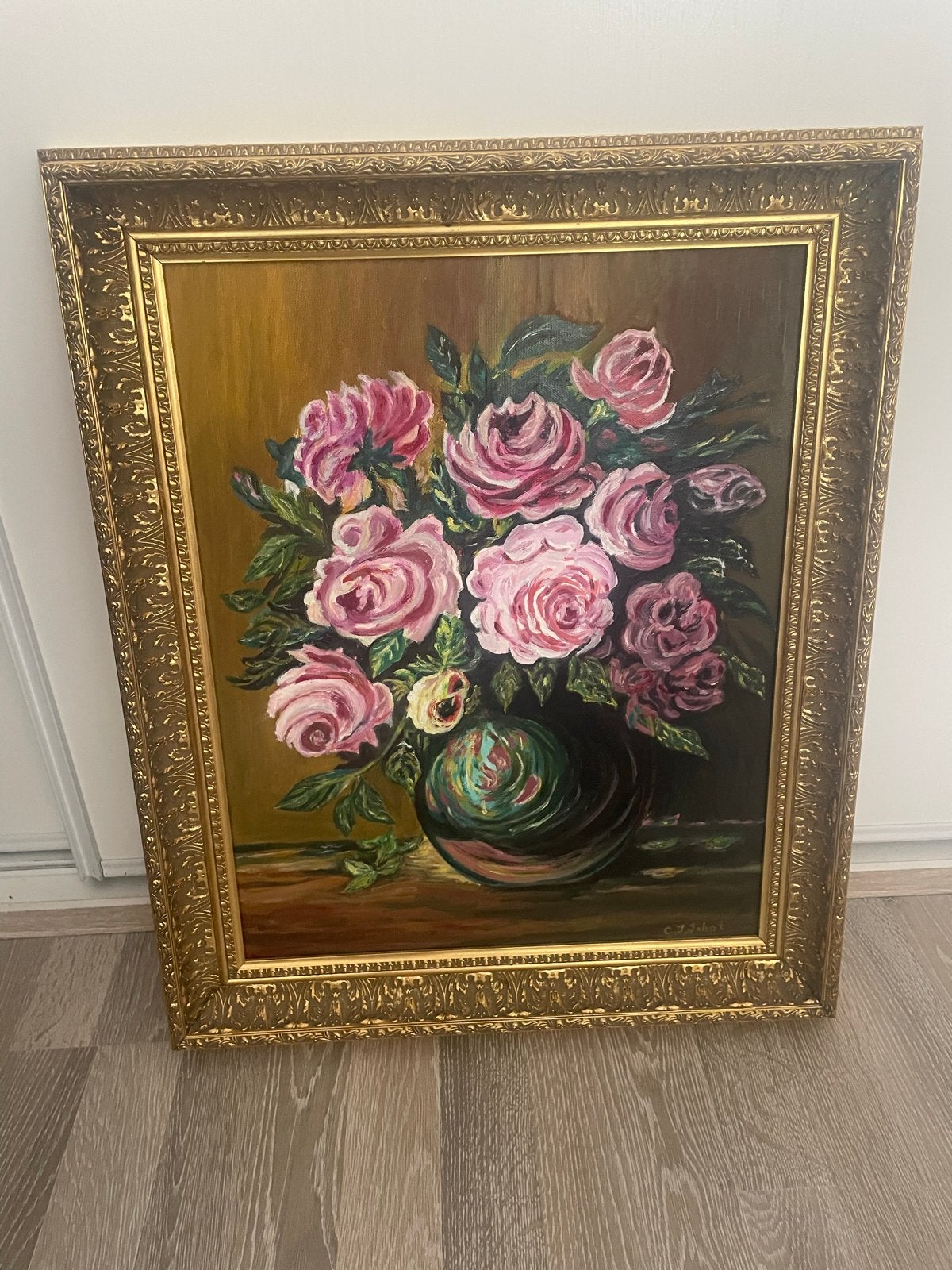 Schilderij roze rozen in vaas, gesigneerd C.J. Schot, Antiek en Kunst, Bloemen, Doek, Realistisch, Ophalen of Verzenden