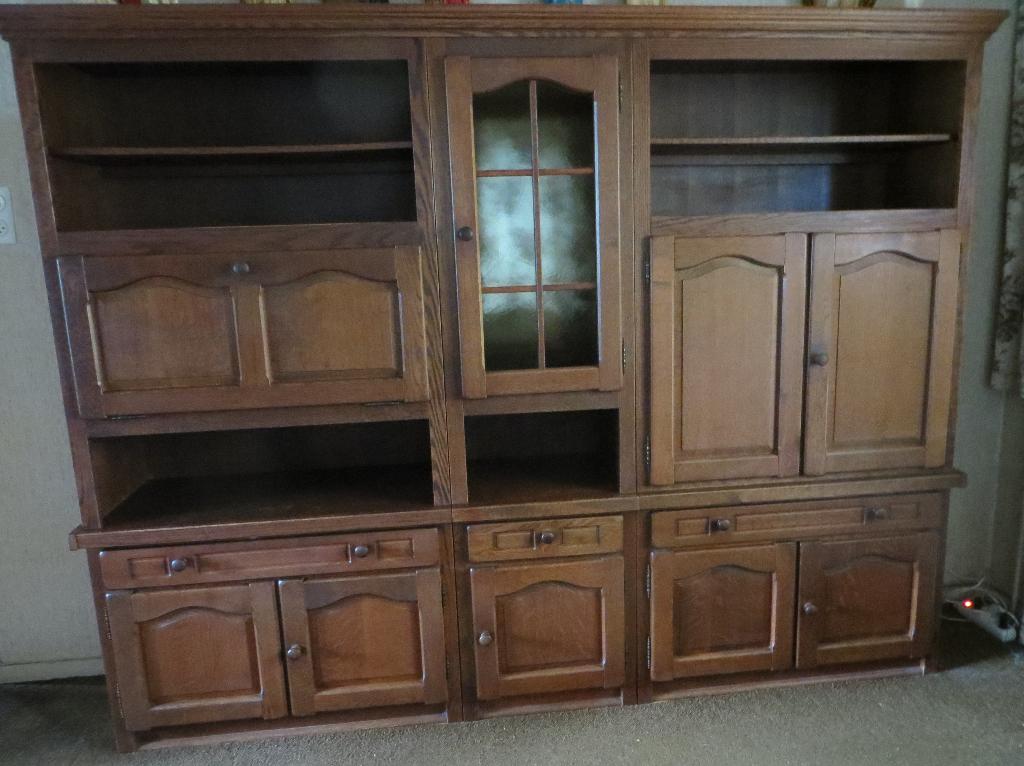 Grote eiken kast / wandmeubel met deurtjes, lades, klep, Ophalen, Glas, Gebruikt, Met deur(en)