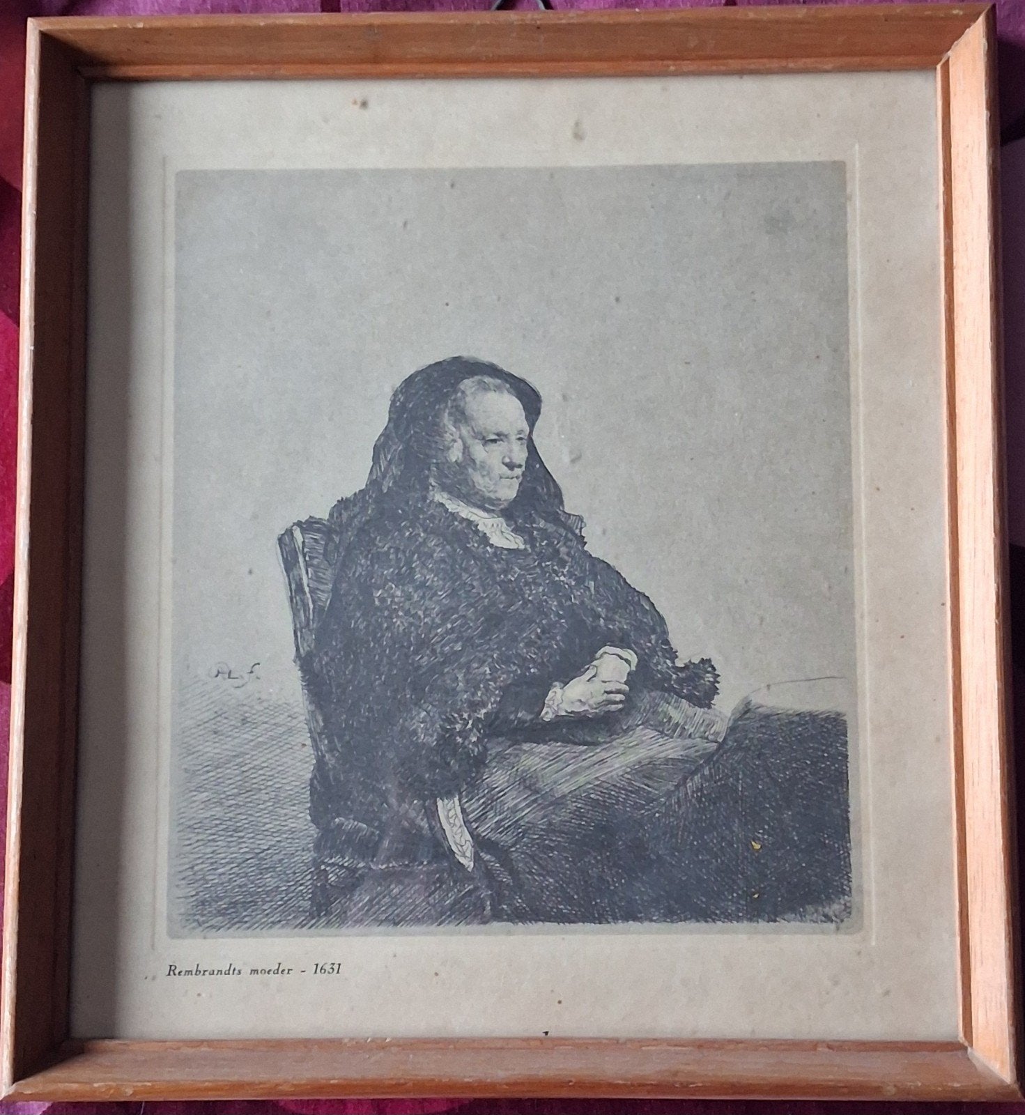 Rembrandts moeder.1631. Ets. Postume druk. Ca 1930., 22 cm, Ets, Portret, Ingelijst