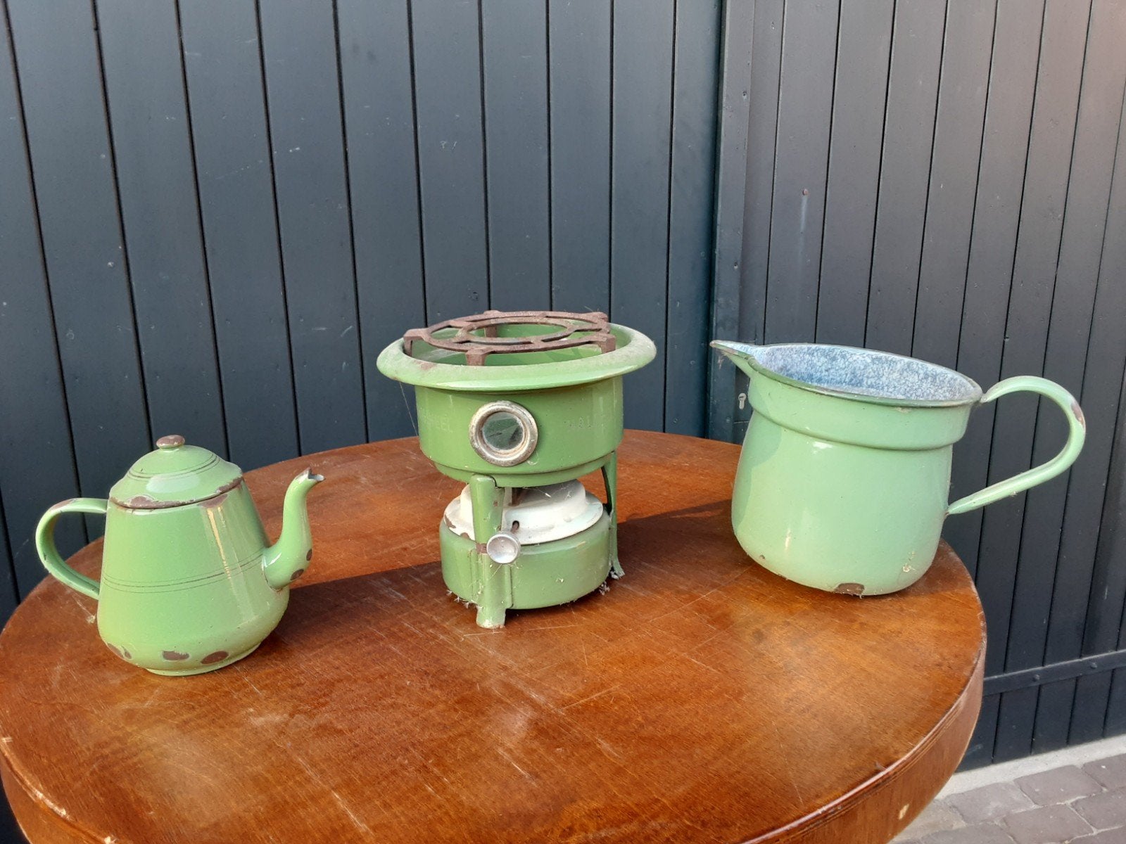 Vintage emaille kookstel met theepot en kan, Antiek en Kunst, Ophalen