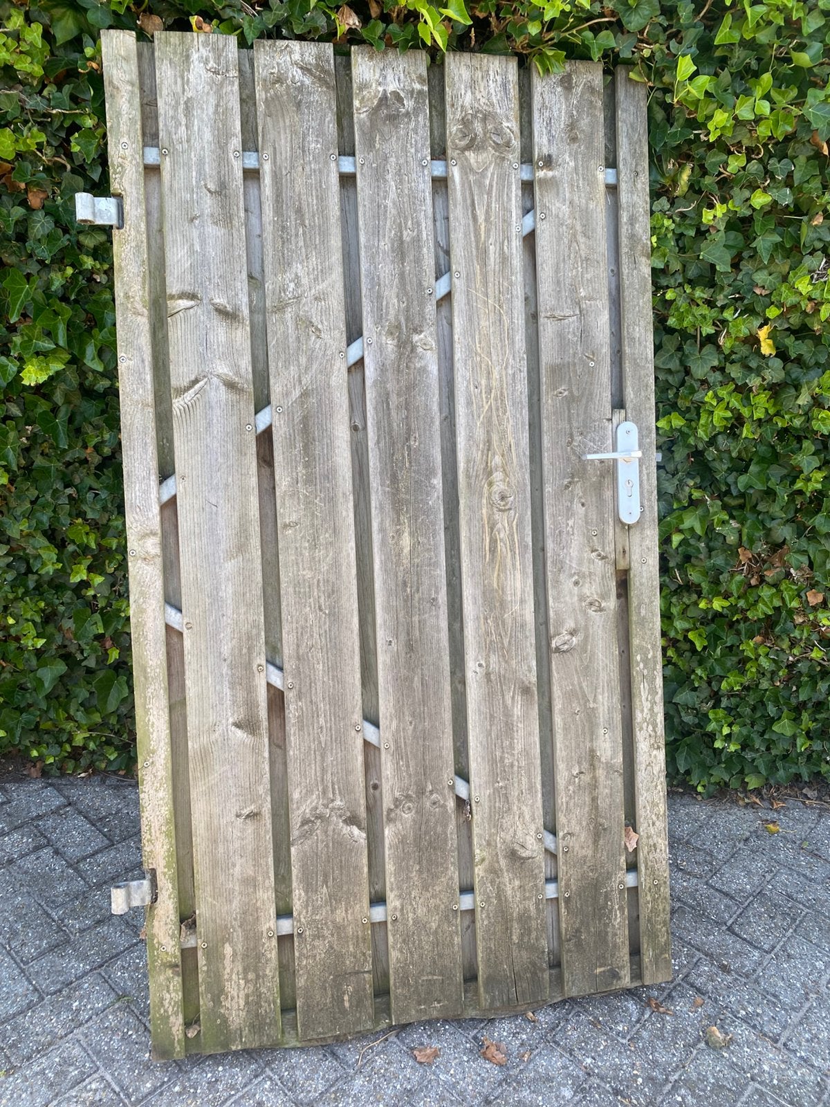 Aangeboden houten poortdeur met stalen frame, Tuin en Terras, Ophalen, 1 tot 2 meter, Minder dan 3 meter, Zo goed als nieuw