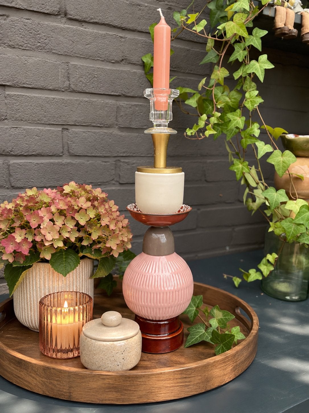 Vintage Handgemaakte Upcycle Kandelaar - Bruin, Roze, Taupe, Overige materialen, Meerkleurig, Overige merken, Ophalen of Verzenden